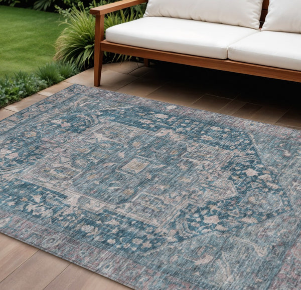 HomeRoots 5' Blue Medallion Washable Area Rug - Durable Indoor/Outdoor Design for High-Traffic Spaces 9' X 12' 608002