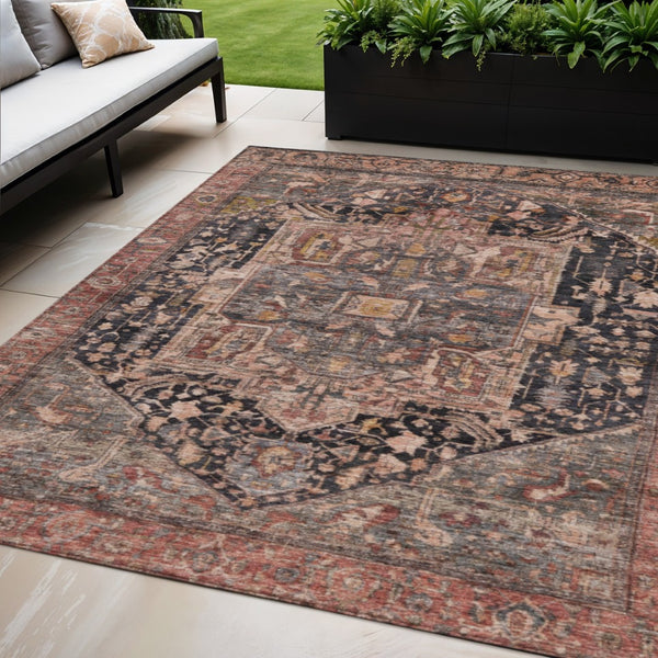 HomeRoots 5' Charcoal Medallion Indoor Outdoor Area Rug - Stylish, Durable, and Washable for Any Space! 5' X 8' 608005