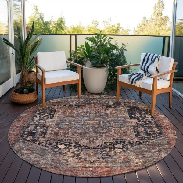 HomeRoots 5' Charcoal Medallion Indoor Outdoor Area Rug - Stylish, Durable, and Washable for Any Space! 8' Round 608006