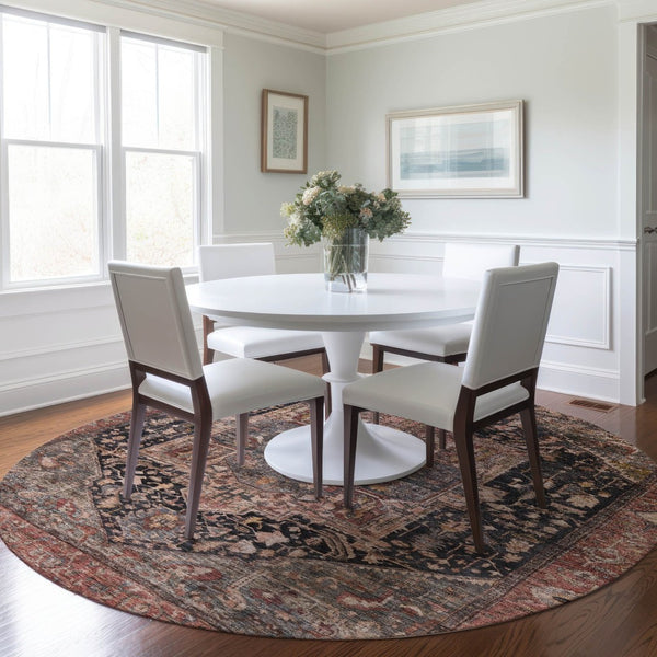 HomeRoots 5' Charcoal Medallion Indoor Outdoor Area Rug - Stylish, Durable, and Washable for Any Space! 8' Round 608006