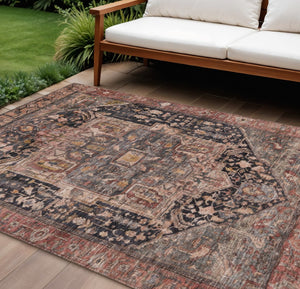 HomeRoots 5' Charcoal Medallion Indoor Outdoor Area Rug - Stylish, Durable, and Washable for Any Space! 9' X 12' 608008