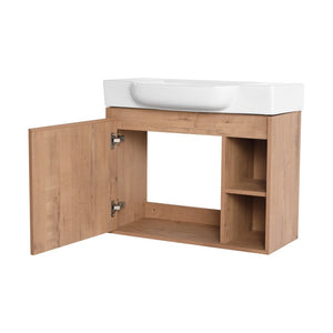 English Elm 28'' Floating Bathroom Vanity with Ceramic Sink Soft Close Door Melamine Cabinet Imitative Oak W999P426637