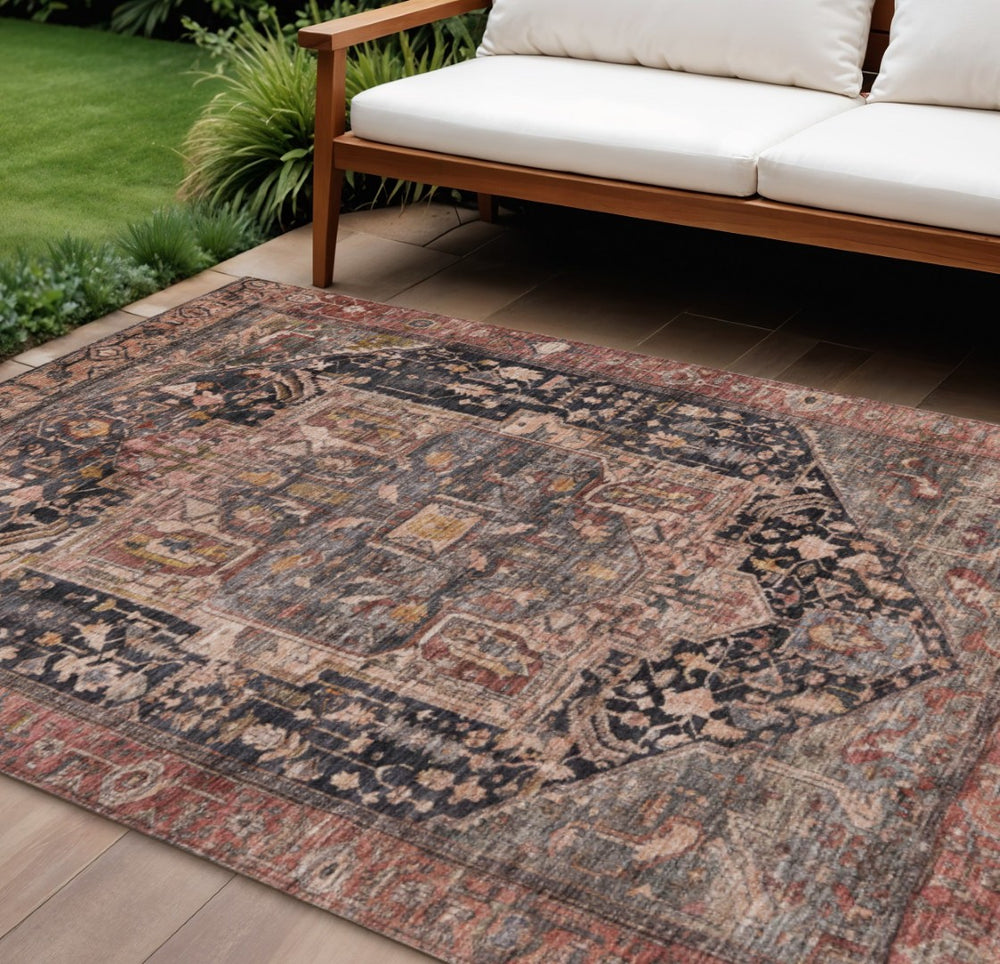 HomeRoots 5' Charcoal Medallion Indoor Outdoor Area Rug - Stylish, Durable, and Washable for Any Space! 10' X 14' 608009