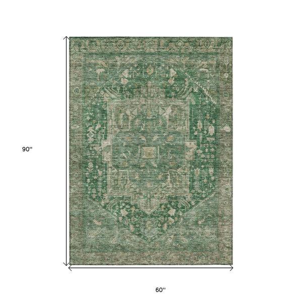 HomeRoots 5' Emerald Medallion Washable Area Rug - Durable, Stylish Design for Indoor & Outdoor Spaces 5' X 8' 608017