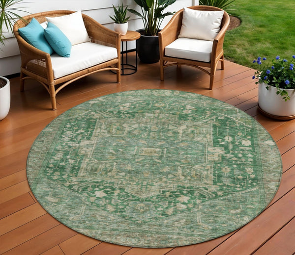 HomeRoots 5' Emerald Medallion Washable Area Rug - Durable, Stylish Design for Indoor & Outdoor Spaces 8' Round 608018