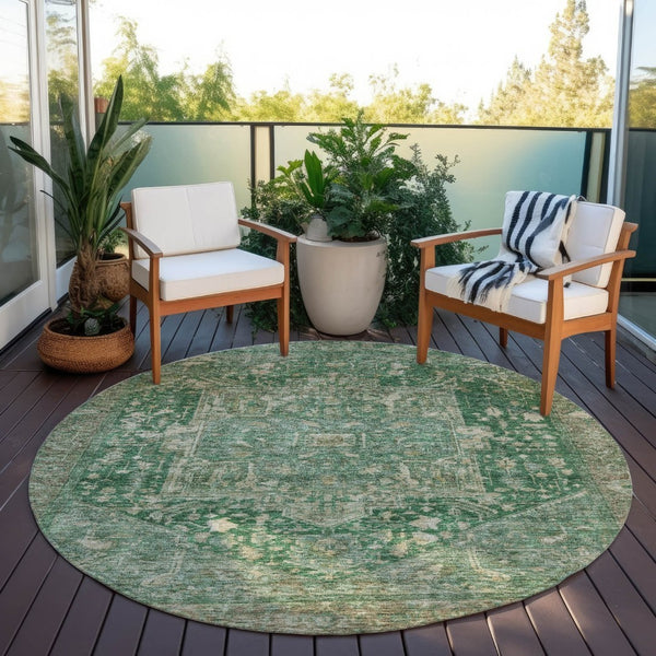 HomeRoots 5' Emerald Medallion Washable Area Rug - Durable, Stylish Design for Indoor & Outdoor Spaces 8' Round 608018