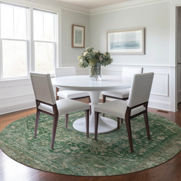 HomeRoots 5' Emerald Medallion Washable Area Rug - Durable, Stylish Design for Indoor & Outdoor Spaces 8' Round 608018