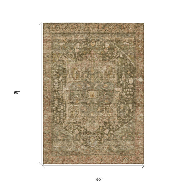 HomeRoots 5' Durable Fern Green Medallion Area Rug - Stylish, Washable Design for Indoor & Outdoor Spaces 5' X 8' 608023