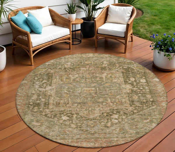 HomeRoots 5' Durable Fern Green Medallion Area Rug - Stylish, Washable Design for Indoor & Outdoor Spaces 8' Round 608024