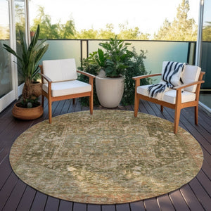 HomeRoots 5' Durable Fern Green Medallion Area Rug - Stylish, Washable Design for Indoor & Outdoor Spaces 8' Round 608024