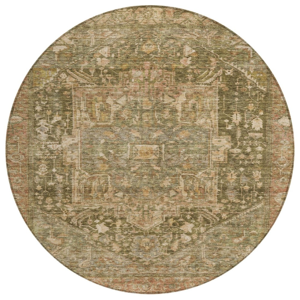 HomeRoots 5' Durable Fern Green Medallion Area Rug - Stylish, Washable Design for Indoor & Outdoor Spaces 8' Round 608024