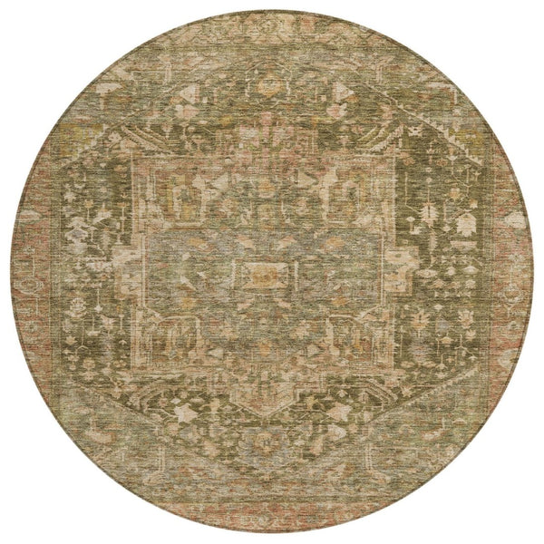 HomeRoots 5' Durable Fern Green Medallion Area Rug - Stylish, Washable Design for Indoor & Outdoor Spaces 8' Round 608024