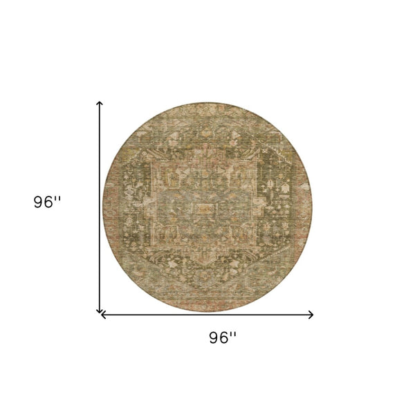 HomeRoots 5' Durable Fern Green Medallion Area Rug - Stylish, Washable Design for Indoor & Outdoor Spaces 8' Round 608024
