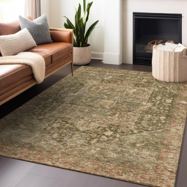 HomeRoots 5' Durable Fern Green Medallion Area Rug - Stylish, Washable Design for Indoor & Outdoor Spaces 9' X 12' 608026