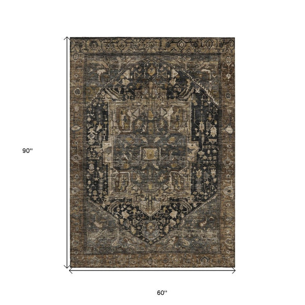 HomeRoots 5' Brown Medallion Washable Rug - Stylish, Durable Indoor & Outdoor Area Rug for High-Traffic Spaces 5' X 8' 608029
