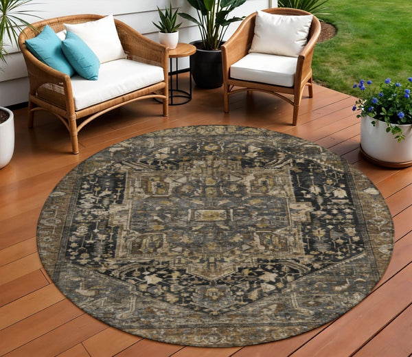 HomeRoots 5' Brown Medallion Washable Rug - Stylish, Durable Indoor & Outdoor Area Rug for High-Traffic Spaces 8' Round 608030