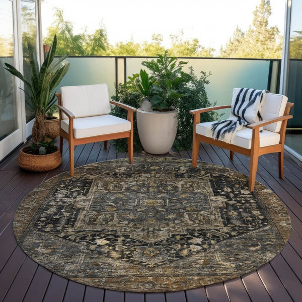 HomeRoots 5' Brown Medallion Washable Rug - Stylish, Durable Indoor & Outdoor Area Rug for High-Traffic Spaces 8' Round 608030
