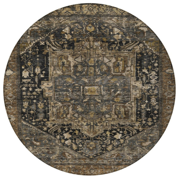 HomeRoots 5' Brown Medallion Washable Rug - Stylish, Durable Indoor & Outdoor Area Rug for High-Traffic Spaces 8' Round 608030