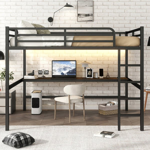 English Elm Metal Queen Loft Bed With Integrated Desk, Power Outlet & Led Lights - Space-Saving Black Design W1580S00107