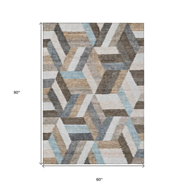 HomeRoots 5' Brown Geometric Indoor Outdoor Area Rug - Stylish, Durable, Washable Design for Any Space 5' X 8' 608041