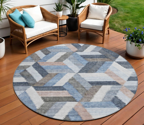 HomeRoots 5' Blue Geometric Washable Area Rug for Indoor & Outdoor Use – Stylish, Durable, and Easy-Care Design 8' Round 608048
