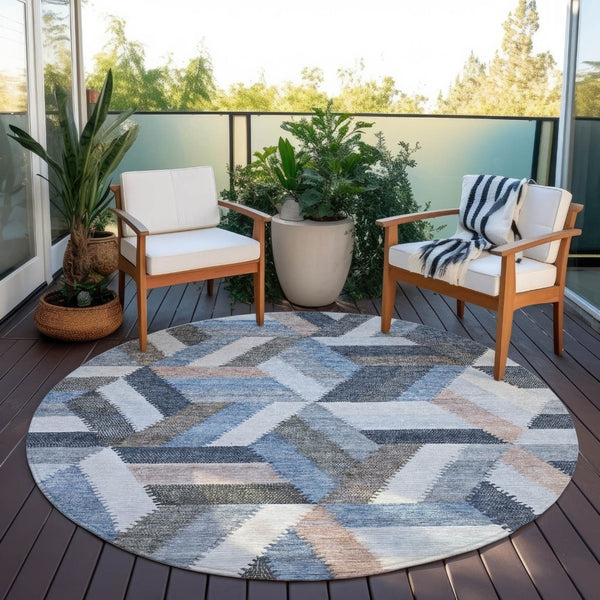 HomeRoots 5' Blue Geometric Washable Area Rug for Indoor & Outdoor Use – Stylish, Durable, and Easy-Care Design 8' Round 608048