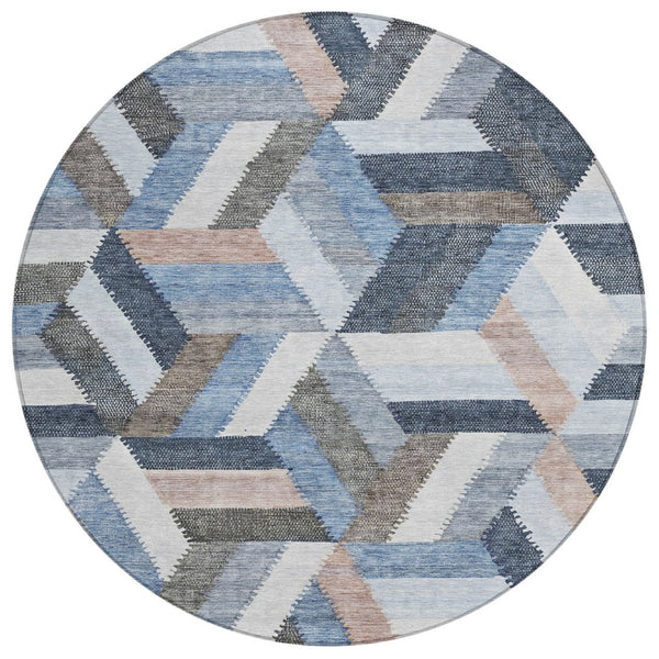 HomeRoots 5' Blue Geometric Washable Area Rug for Indoor & Outdoor Use – Stylish, Durable, and Easy-Care Design 8' Round 608048