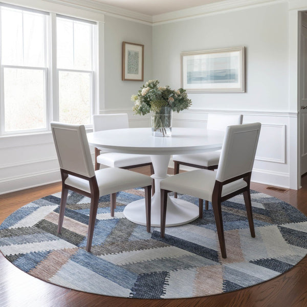 HomeRoots 5' Blue Geometric Washable Area Rug for Indoor & Outdoor Use – Stylish, Durable, and Easy-Care Design 8' Round 608048
