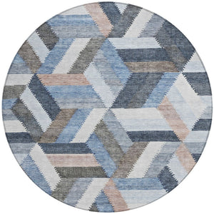 HomeRoots 5' Blue Geometric Washable Area Rug for Indoor & Outdoor Use – Stylish, Durable, and Easy-Care Design 8' Round 608048