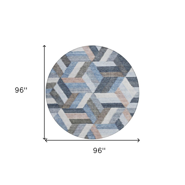 HomeRoots 5' Blue Geometric Washable Area Rug for Indoor & Outdoor Use – Stylish, Durable, and Easy-Care Design 8' Round 608048