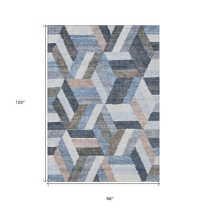 HomeRoots 5' Blue Geometric Washable Area Rug for Indoor & Outdoor Use – Stylish, Durable, and Easy-Care Design 8' X 10' 608049