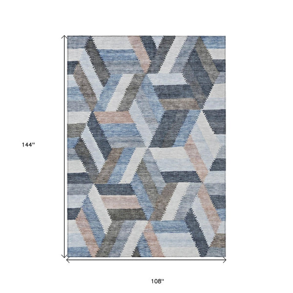 HomeRoots 5' Blue Geometric Washable Area Rug for Indoor & Outdoor Use – Stylish, Durable, and Easy-Care Design 9' X 12' 608050