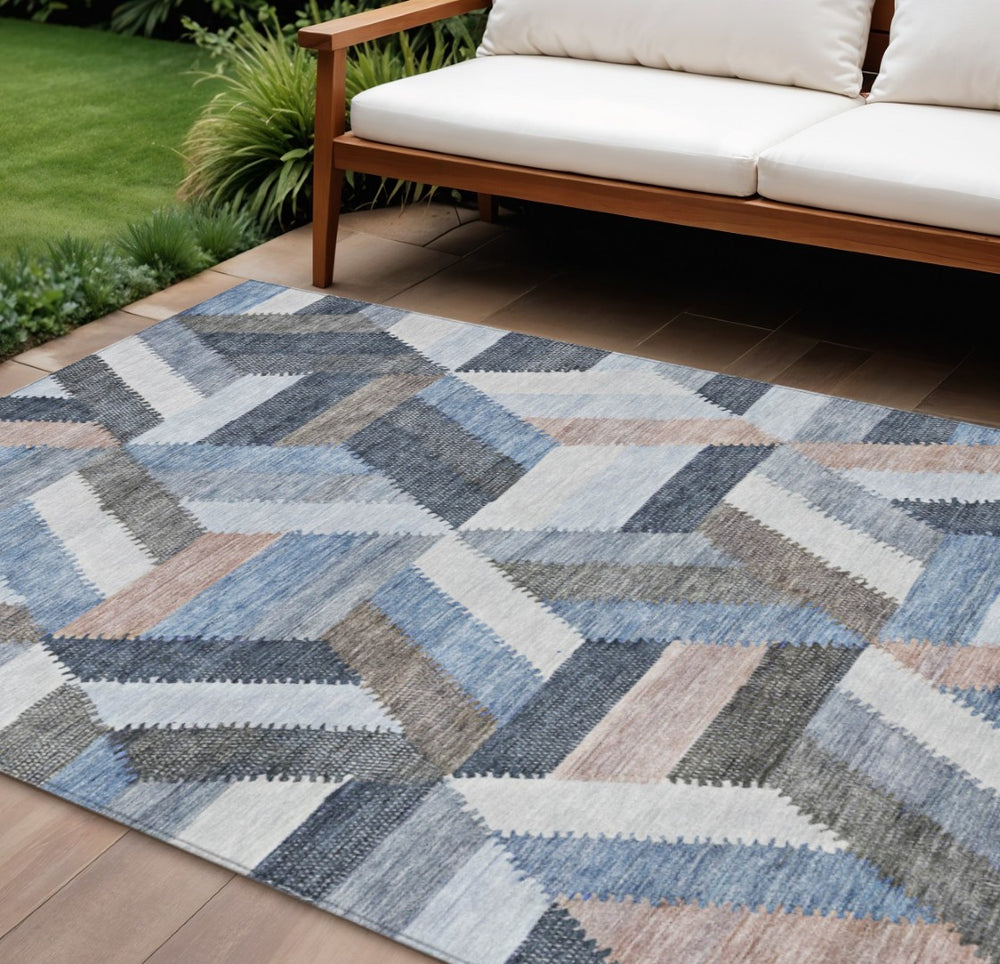 HomeRoots 5' Blue Geometric Washable Area Rug for Indoor & Outdoor Use – Stylish, Durable, and Easy-Care Design 10' X 14' 608051