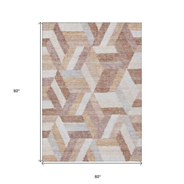 HomeRoots 5' Copper Geometric Area Rug - Durable, Washable, Indoor/Outdoor - Stylish & Easy-Care Home Essential 5' X 8' 608053