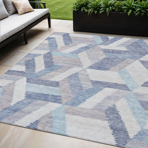 HomeRoots 5' Stylish Denim Blue Geometric Area Rug - Durable, Washable, Perfect for Indoor & Outdoor Use! 5' X 8' 608059