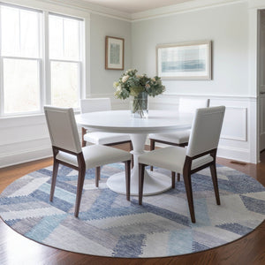 HomeRoots 5' Stylish Denim Blue Geometric Area Rug - Durable, Washable, Perfect for Indoor & Outdoor Use! 8' Round 608060