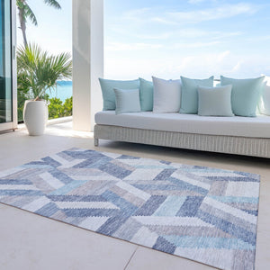 HomeRoots 5' Stylish Denim Blue Geometric Area Rug - Durable, Washable, Perfect for Indoor & Outdoor Use! 9' X 12' 608062