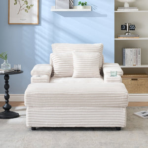 English Elm This Corduroy Single Seat Armchair with Storage Ottoman and Built-in Cup Holders White W1278S00078