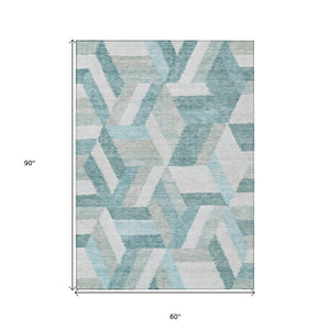 HomeRoots 5' Teal Blue Geometric Indoor Outdoor Area Rug - Stylish, Washable, Durable, and Versatile for All Spaces 5' X 8' 608071