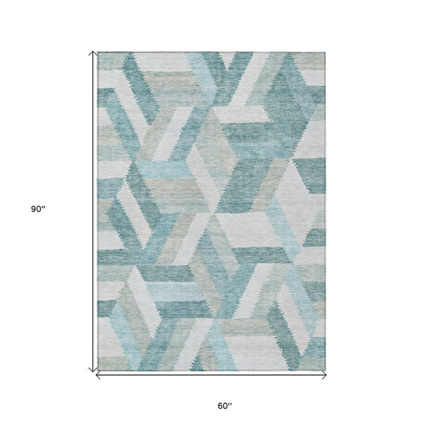 HomeRoots 5' Teal Blue Geometric Indoor Outdoor Area Rug - Stylish, Washable, Durable, and Versatile for All Spaces 5' X 8' 608071