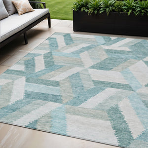HomeRoots 5' Teal Blue Geometric Indoor Outdoor Area Rug - Stylish, Washable, Durable, and Versatile for All Spaces 5' X 8' 608071
