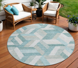 HomeRoots 5' Teal Blue Geometric Indoor Outdoor Area Rug - Stylish, Washable, Durable, and Versatile for All Spaces 8' Round 608072