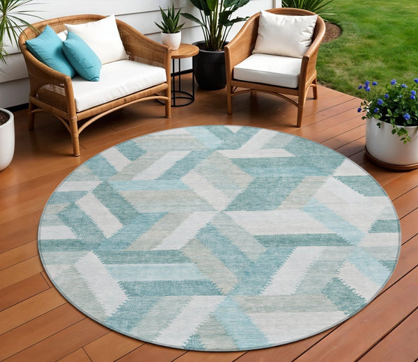 HomeRoots 5' Teal Blue Geometric Indoor Outdoor Area Rug - Stylish, Washable, Durable, and Versatile for All Spaces 8' Round 608072