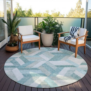 HomeRoots 5' Teal Blue Geometric Indoor Outdoor Area Rug - Stylish, Washable, Durable, and Versatile for All Spaces 8' Round 608072
