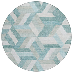 HomeRoots 5' Teal Blue Geometric Indoor Outdoor Area Rug - Stylish, Washable, Durable, and Versatile for All Spaces 8' Round 608072