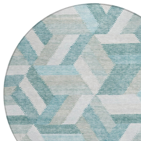 HomeRoots 5' Teal Blue Geometric Indoor Outdoor Area Rug - Stylish, Washable, Durable, and Versatile for All Spaces 8' Round 608072
