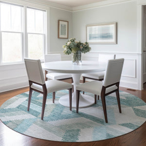 HomeRoots 5' Teal Blue Geometric Indoor Outdoor Area Rug - Stylish, Washable, Durable, and Versatile for All Spaces 8' Round 608072