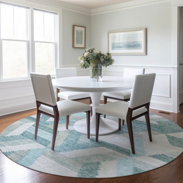 HomeRoots 5' Teal Blue Geometric Indoor Outdoor Area Rug - Stylish, Washable, Durable, and Versatile for All Spaces 8' Round 608072