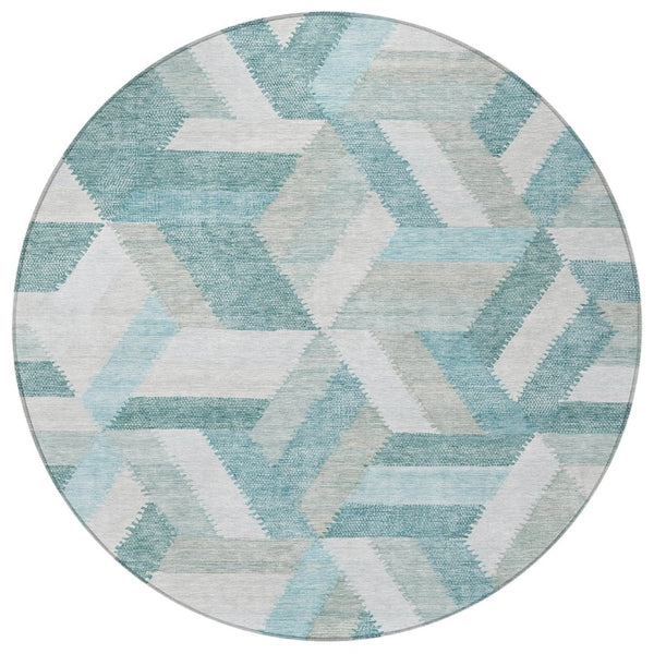 HomeRoots 5' Teal Blue Geometric Indoor Outdoor Area Rug - Stylish, Washable, Durable, and Versatile for All Spaces 8' Round 608072
