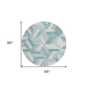 HomeRoots 5' Teal Blue Geometric Indoor Outdoor Area Rug - Stylish, Washable, Durable, and Versatile for All Spaces 8' Round 608072